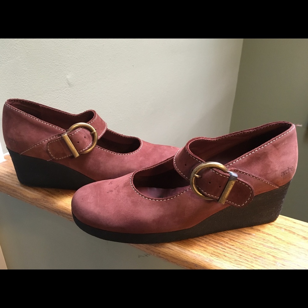 Arche Mary Jane wedge shoes; burnt orange color